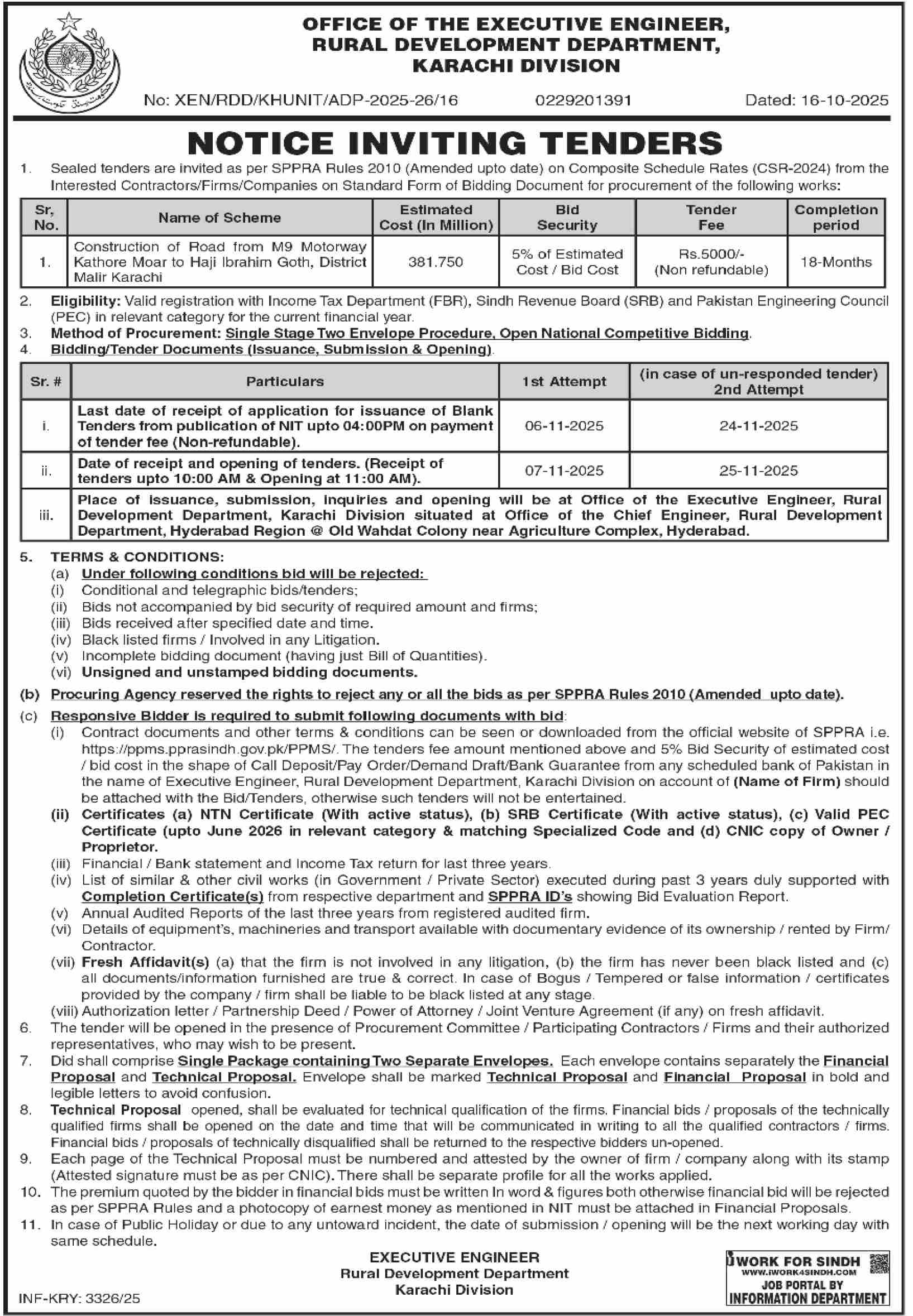 Rural Development Department Sindh Tender Notice